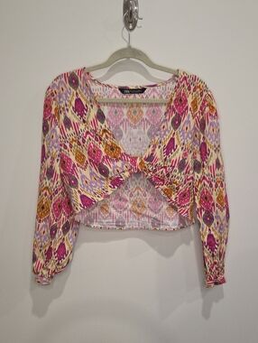 Zara Pink Multi Color Knot-Front Crop Top